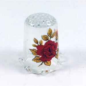 Handcrafted Glass Thimble With Red Rose Floral Design